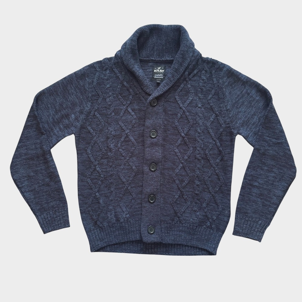 Xray Jeans Mens Cable Knit Shawl Collar Cardigan Sweater Blue Large Fisherman